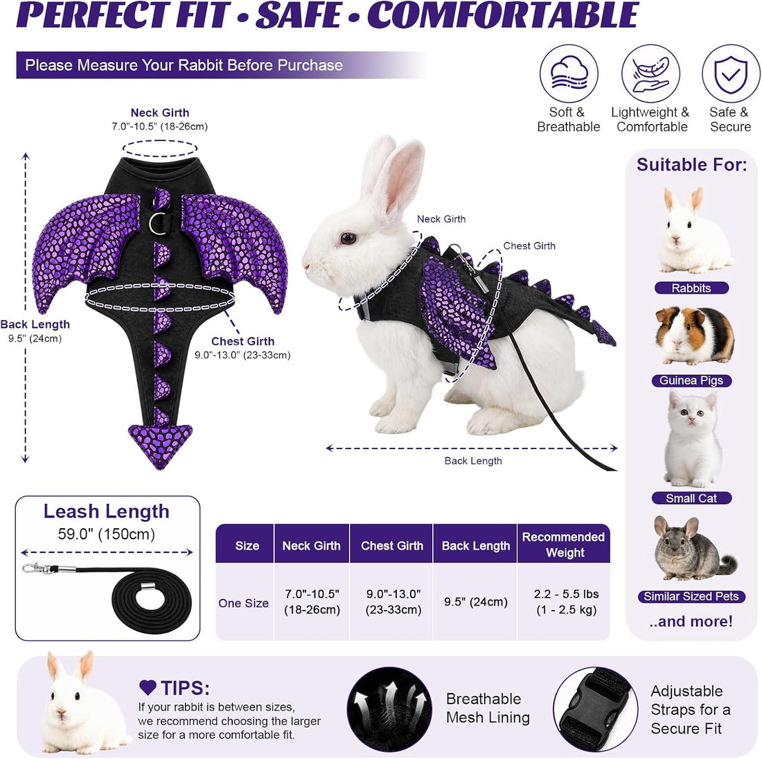 Dragon Halloween Costume for Rabbits with Leash, Bunny Vest
