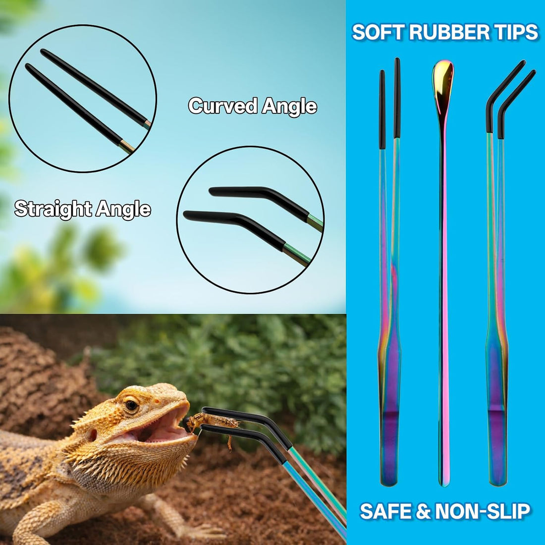 3PCS 10.6" Straight & Curved Reptile Feeding Tongs Set with Spoon