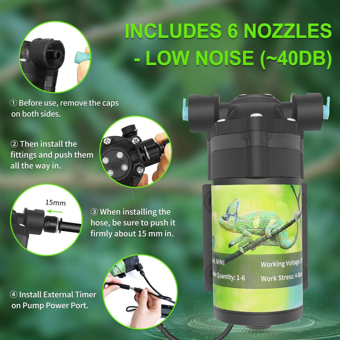 Reptile Misting System with Timer, 6 Nozzles, Self-Priming Pump