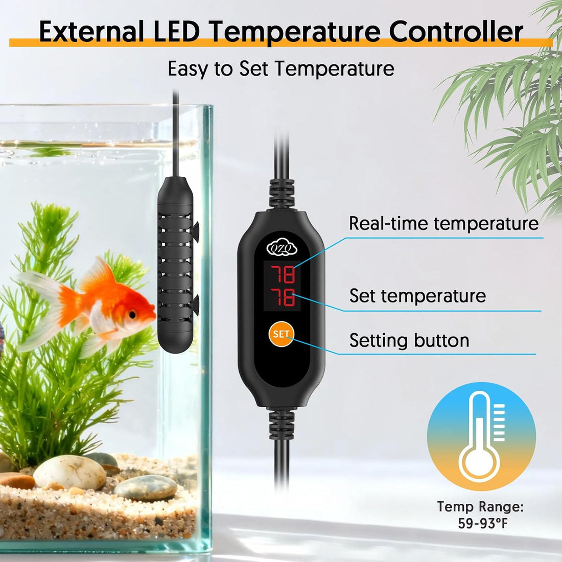 QZQ Aquarium Heater, 25W Adjustable Fish Tank Heater with Digital