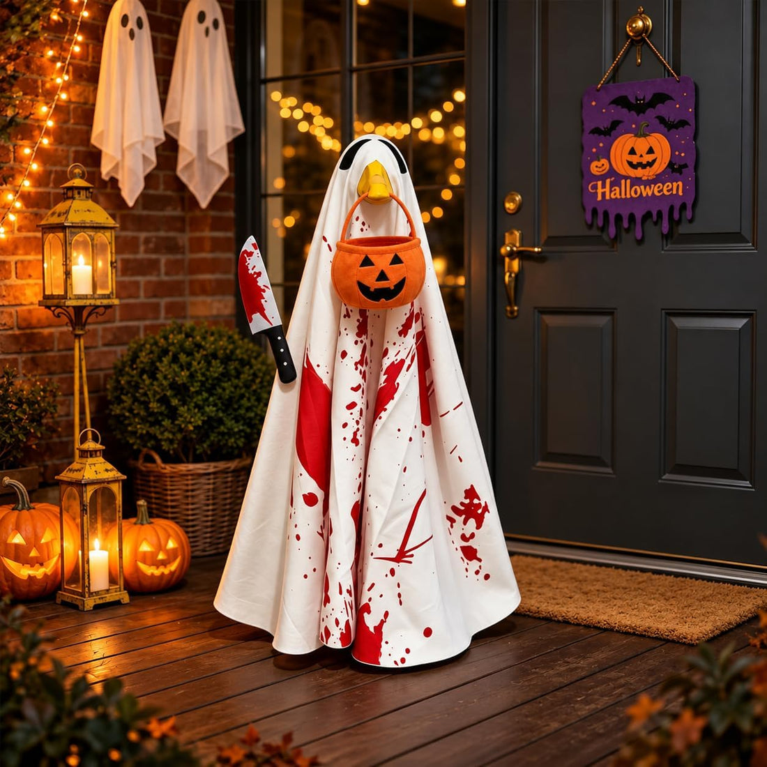 Halloween Porch Goose Outfit Bloody Ghost Pumpkin for Outdoor Lawn