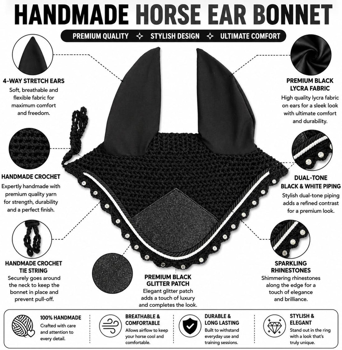 Horse Ear Bonnet for Horses – Handmade Crochet Fly Veil with Crystal