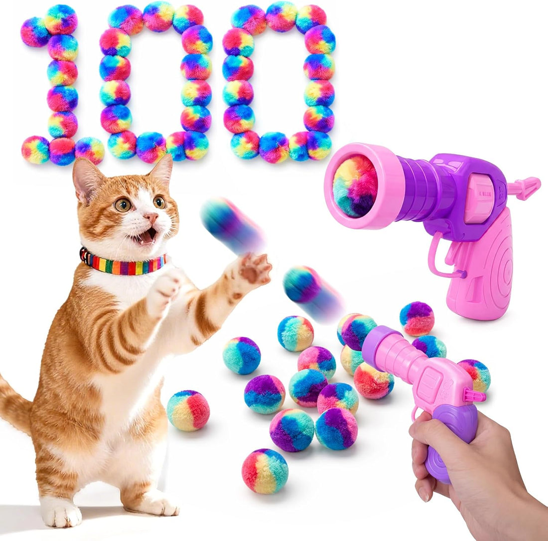 Mity rain 102PCS Cat Ball Launchers & Pom Pom Balls Interactive Cat