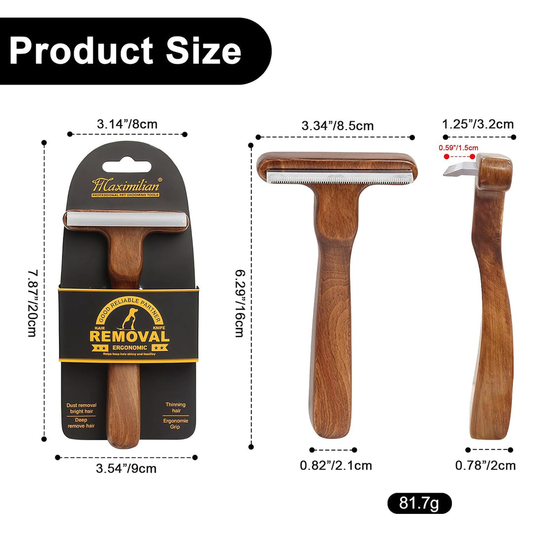 MaximiLian Medium T-Shaped Deshedding Dog Brush with Solid Wood Handle