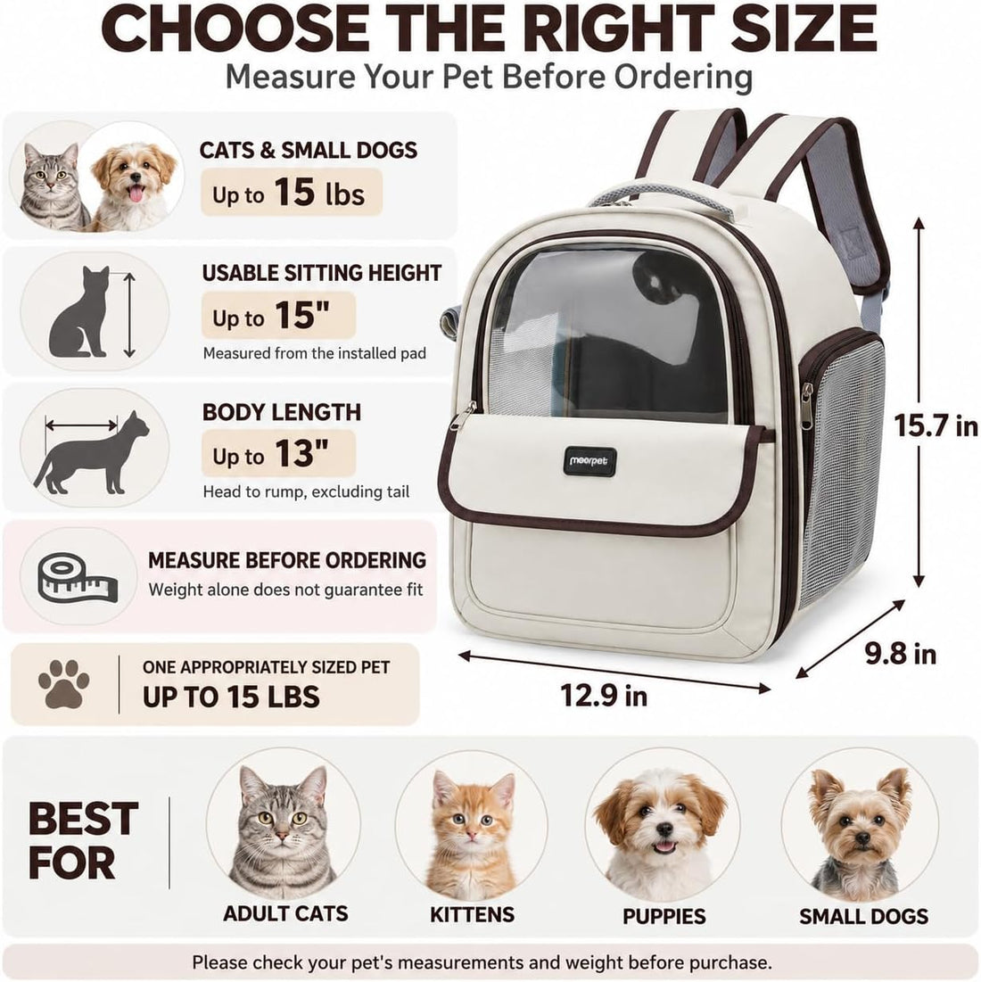 Cat Backpack Carrier Airline Approved, Clear Window, Side Mesh, 15 lbs