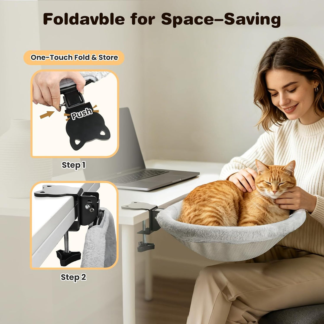 Cat Desk Bed, One-Click Foldable Cat Bed for Desk Hammock Up to 40 Lbs