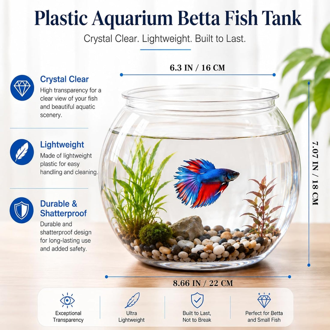 POPETPOP Plastic Aquarium Betta Fish Tank 1 Gallon Clear Goldfish