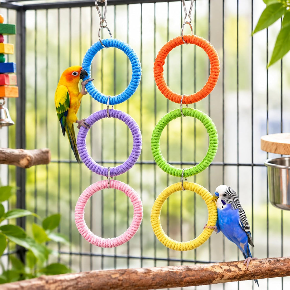 6-Ring Bird Swing Toy for Cage, Hanging Bird Rope Perch Toy