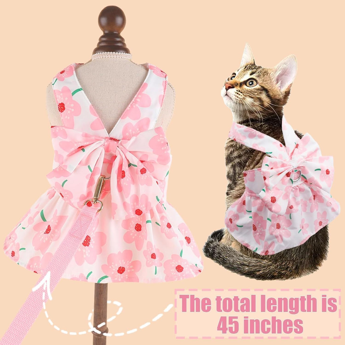 Dog Dress Bowknot Harness Leash Set for Small Girl Dogs Pink Floral