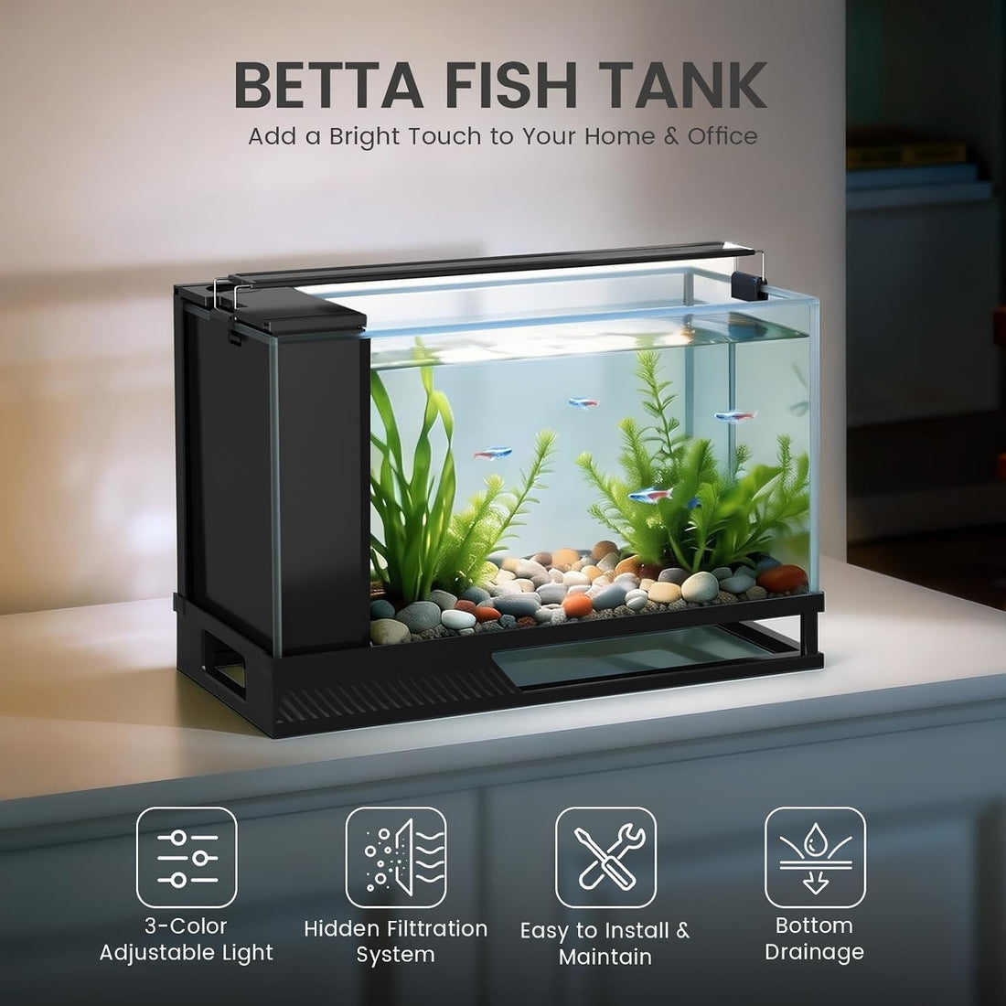 Fish Tank Kit Starter Aquariums 4 Gallon with Bottom Drainage