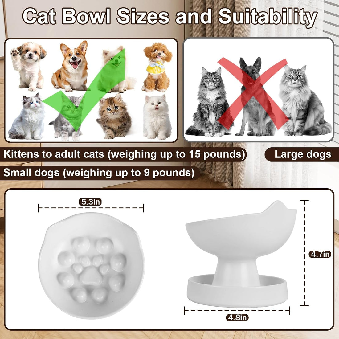 Raised Slow Feeder Cat Bowl, Ceramic 15° Tilted Cat Bowl