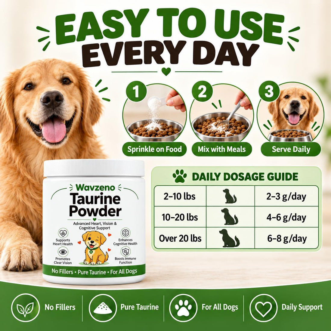 Wayzeno Taurine Powder for Dogs, Taurine Supplement with DHA
