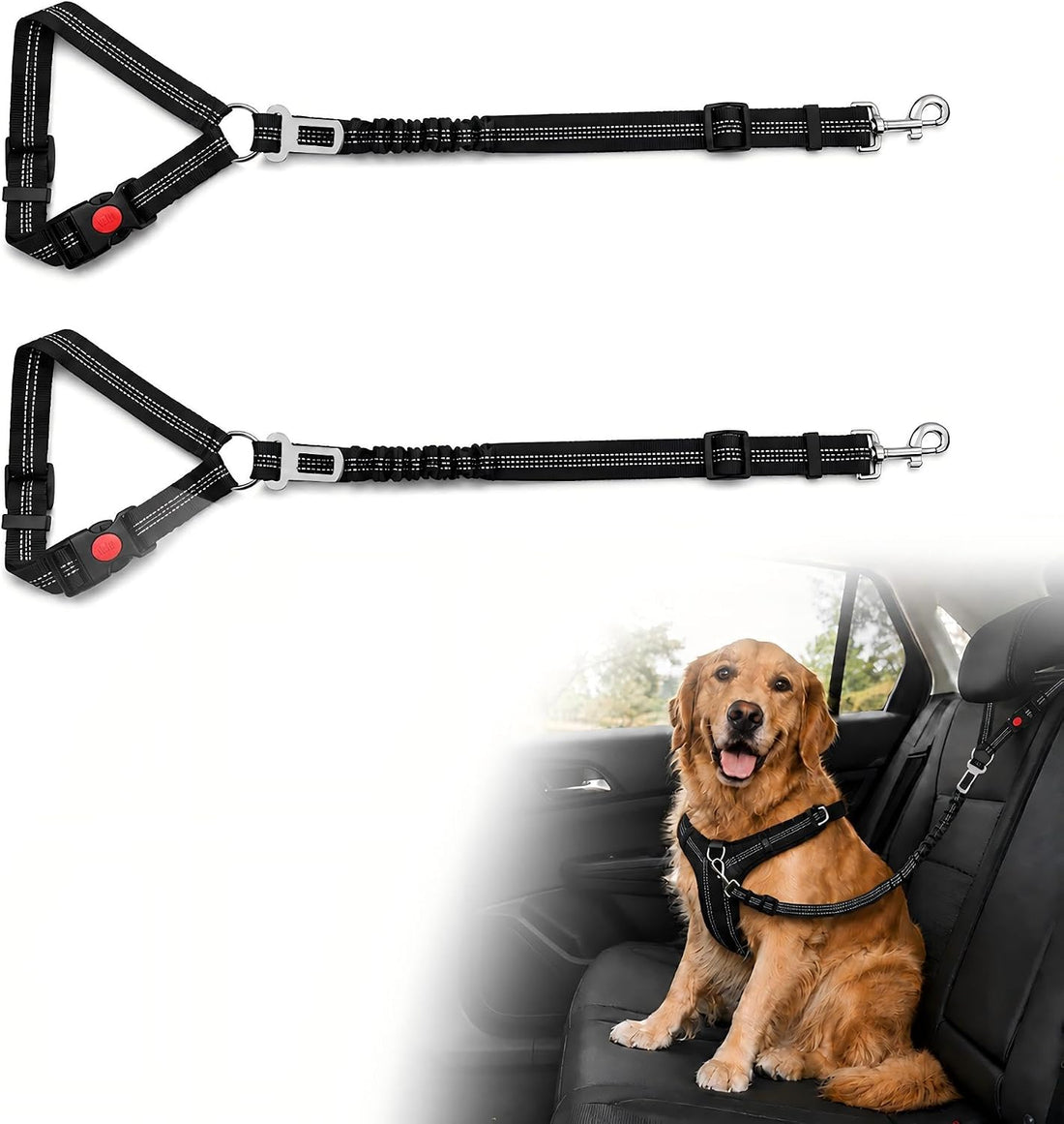 Dog Seat Belt for Car 2 Pack, 3-in-1 Adjustable-Length Bungee Tether