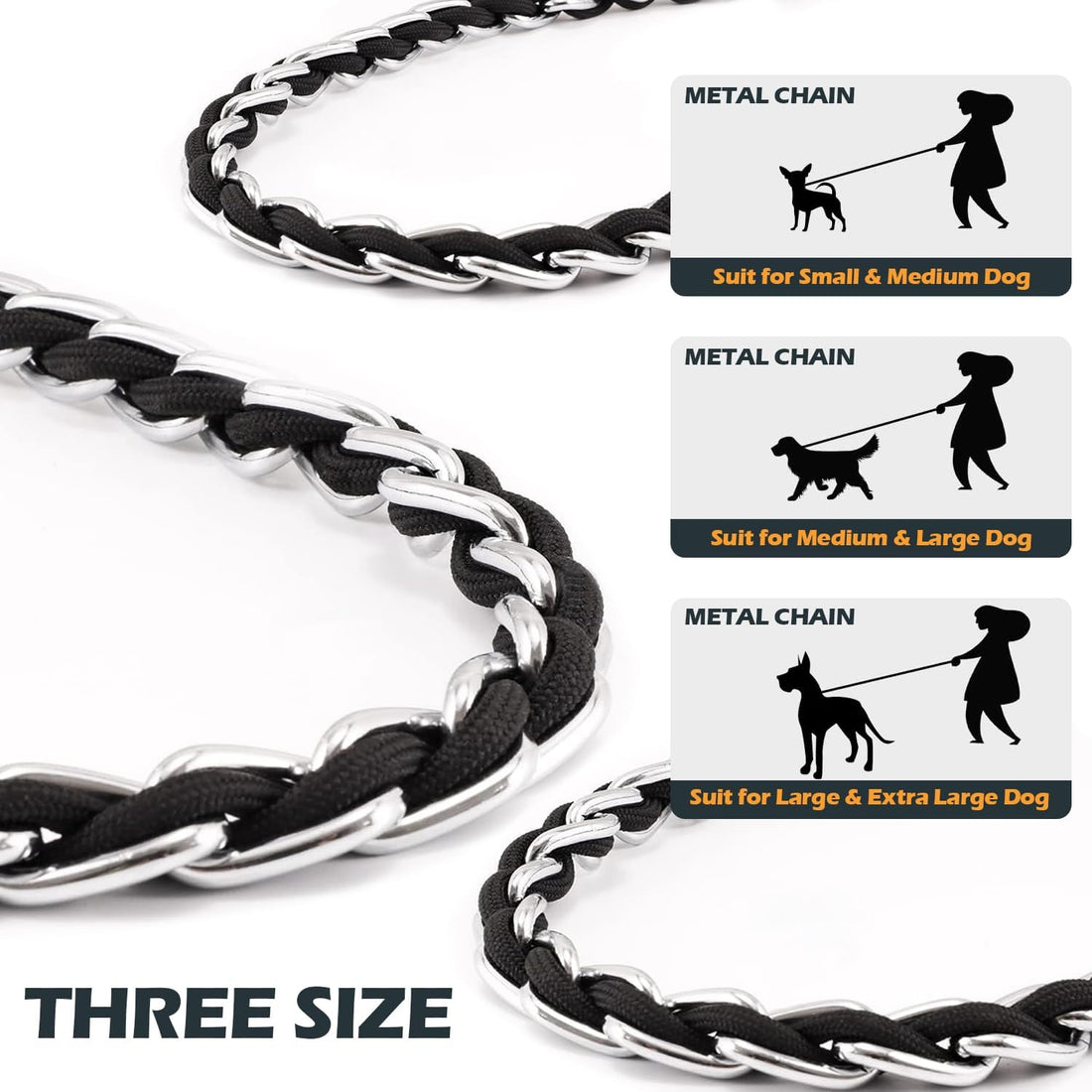 Chain Dog Leash, Bite-Proof Metal Leash, with Padded Handle