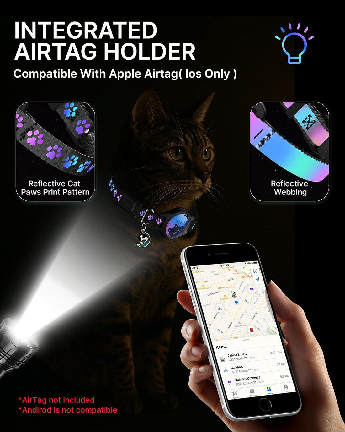 AirTag Cat Collar Breakaway, 2 Pack Cat Collar with Apple AirTag