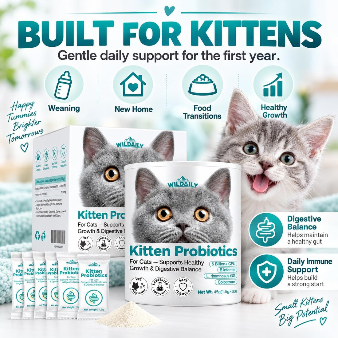 Wildaily Cat Probiotics,Veterinary-Formulated Kitten Probiotics