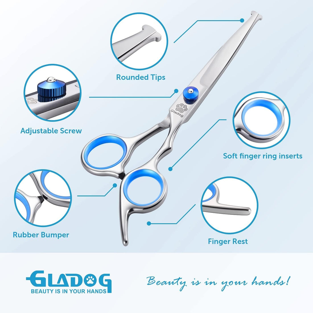 GLADOG Professional 5 in 1 Dog Grooming Scissors Set with Safety