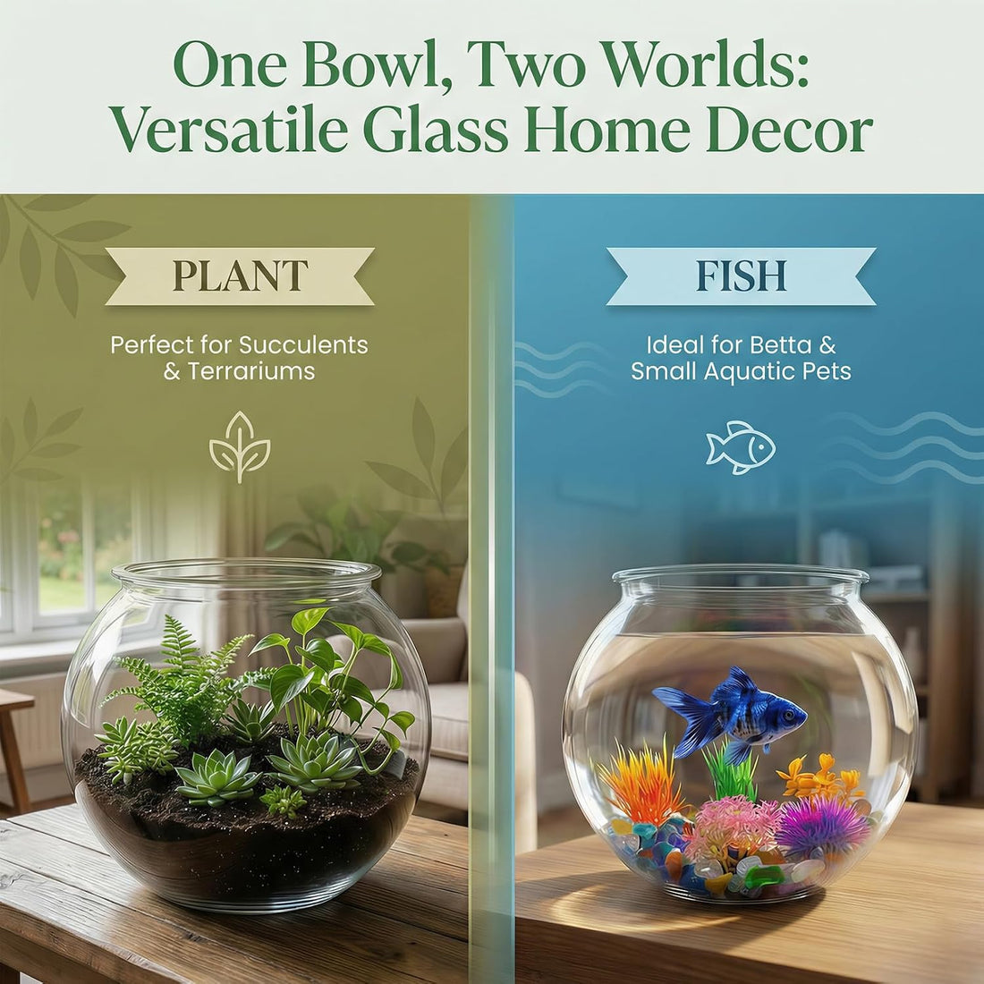 1 Gallon Clear Plastic Fish Bowl Set with 5 Artificial Plants