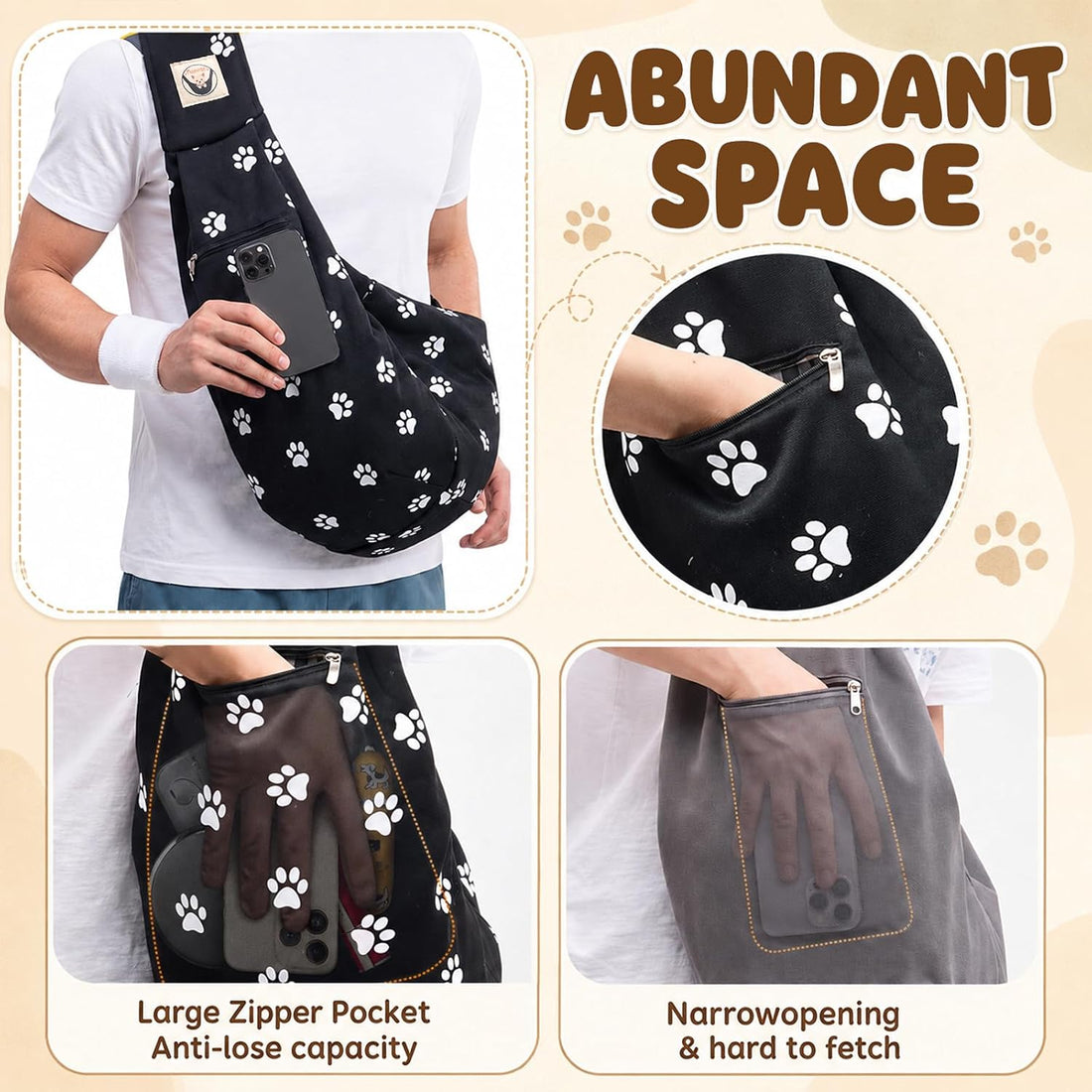 Shoulder Bags for Small Dogs, Dog Shoulder Carrier, Dog Paw, Black, M