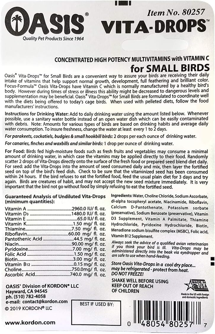 OASIS #80257 Vita Drops for Small Birds, 2- ounce liquid multivitamin