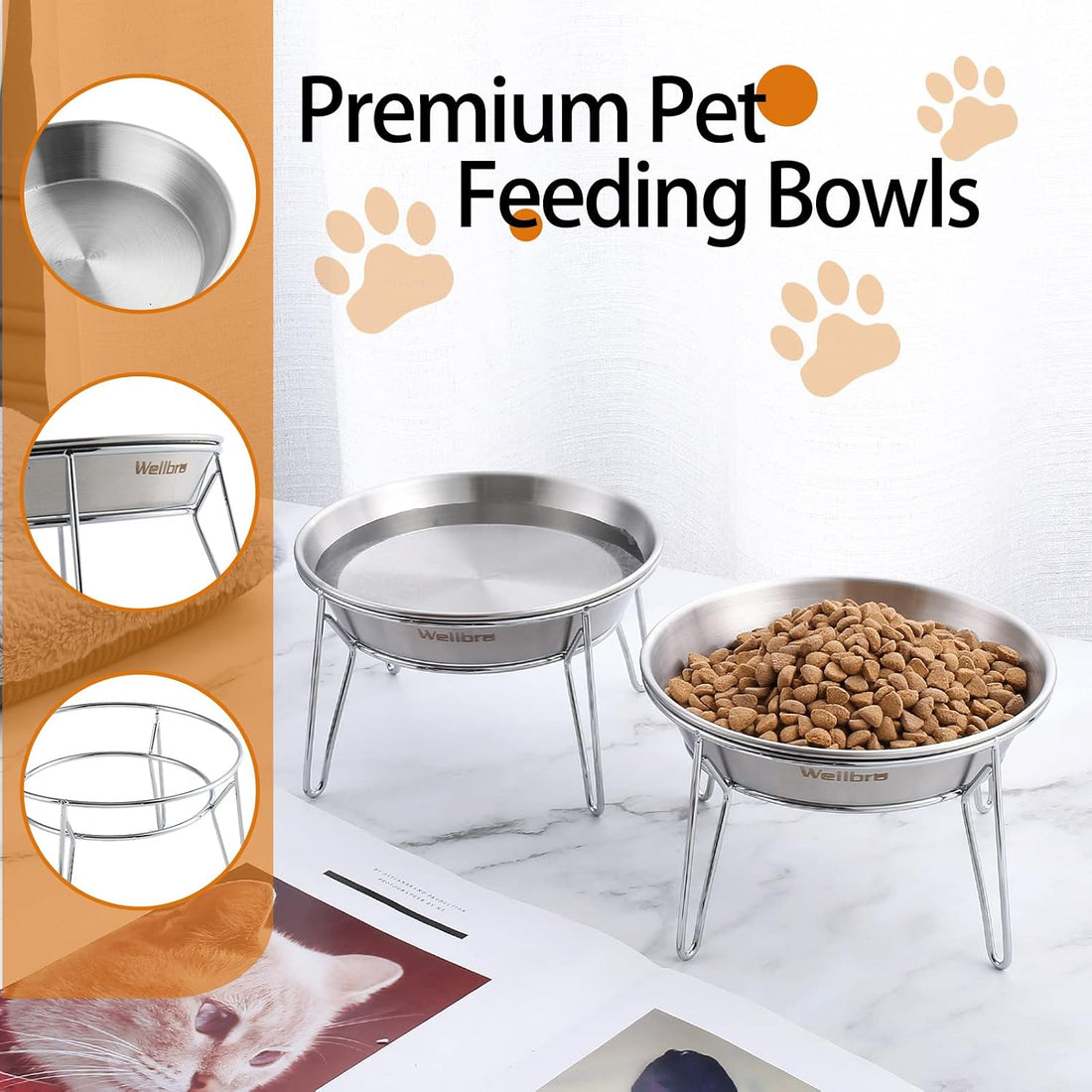 Elevated Cat Bowls, Wide Stainless Steel Cat Food Bowls with Metal