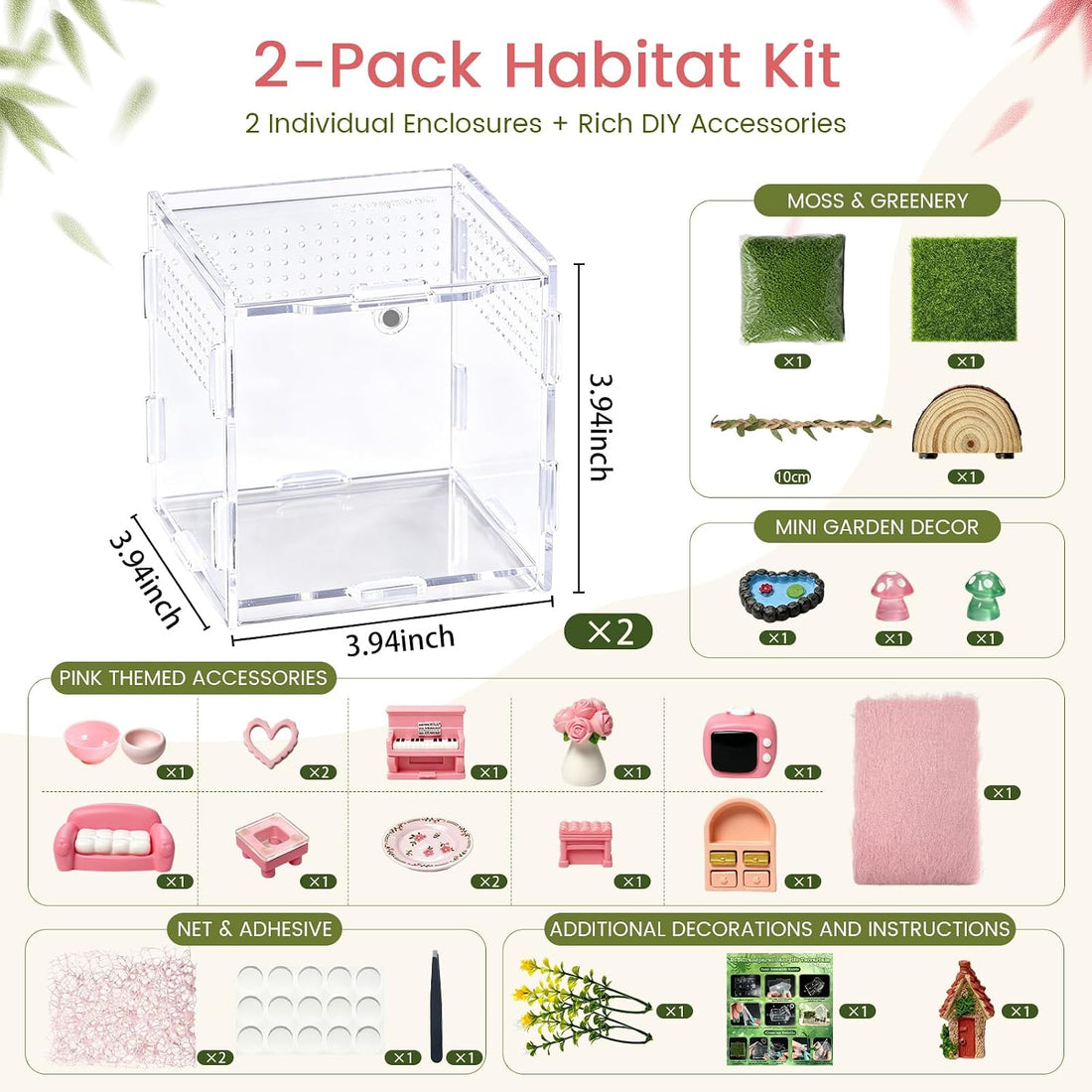 MHDGG Jumping Spider Enclosure Kit, Clear Acrylic Terrarium, 2 Pack