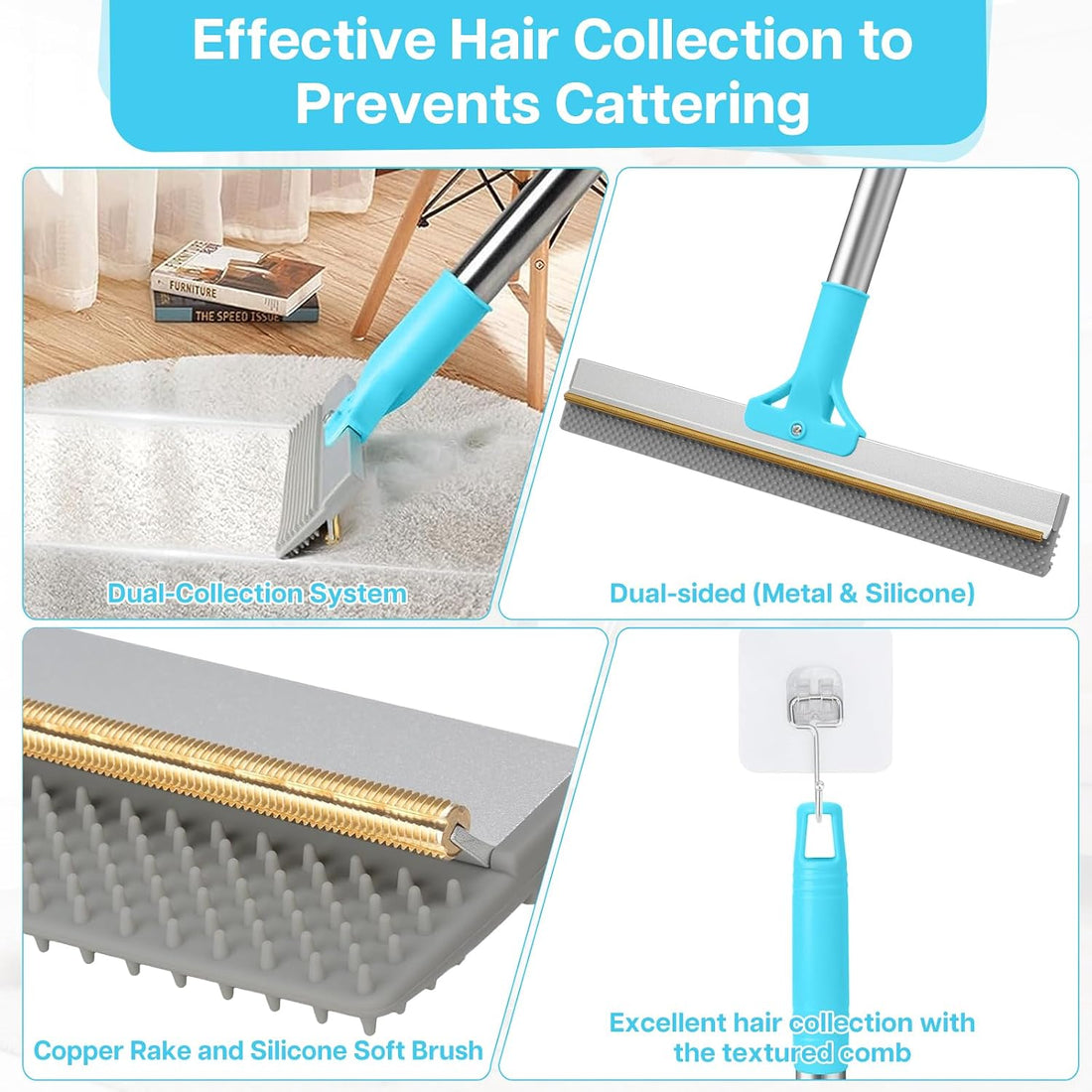 3PCS Carpet Rake for Pet Hair Removal, 54” Adjustable Long Handle