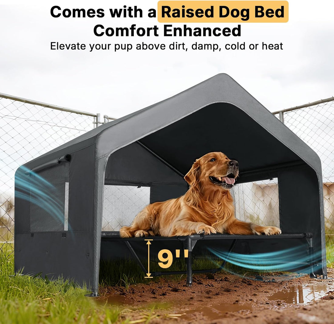 Veehoo Extra Large Dog House Outdoor with Elevated Dog Bed