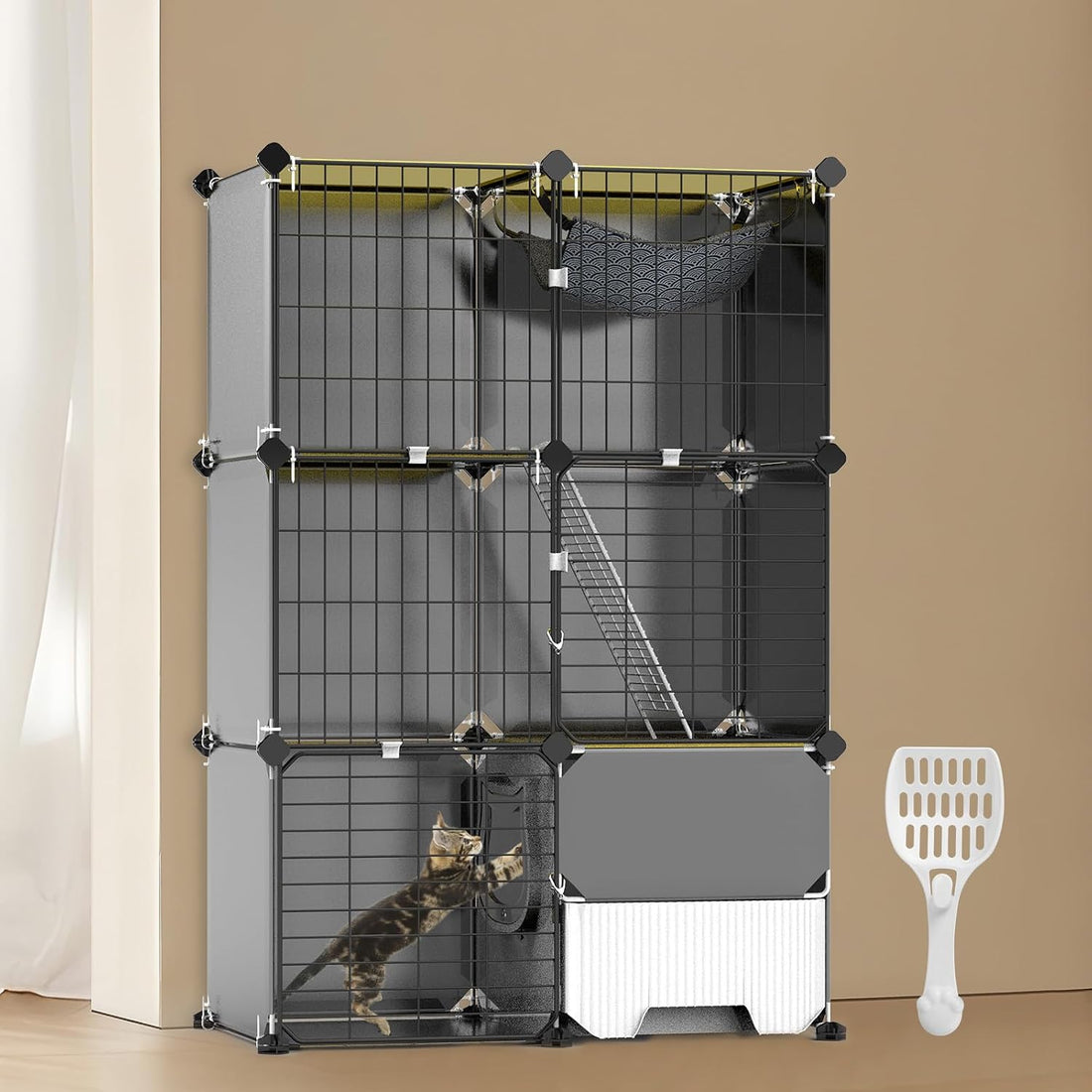 Cat Cage with Litter Box Hammock Ladders