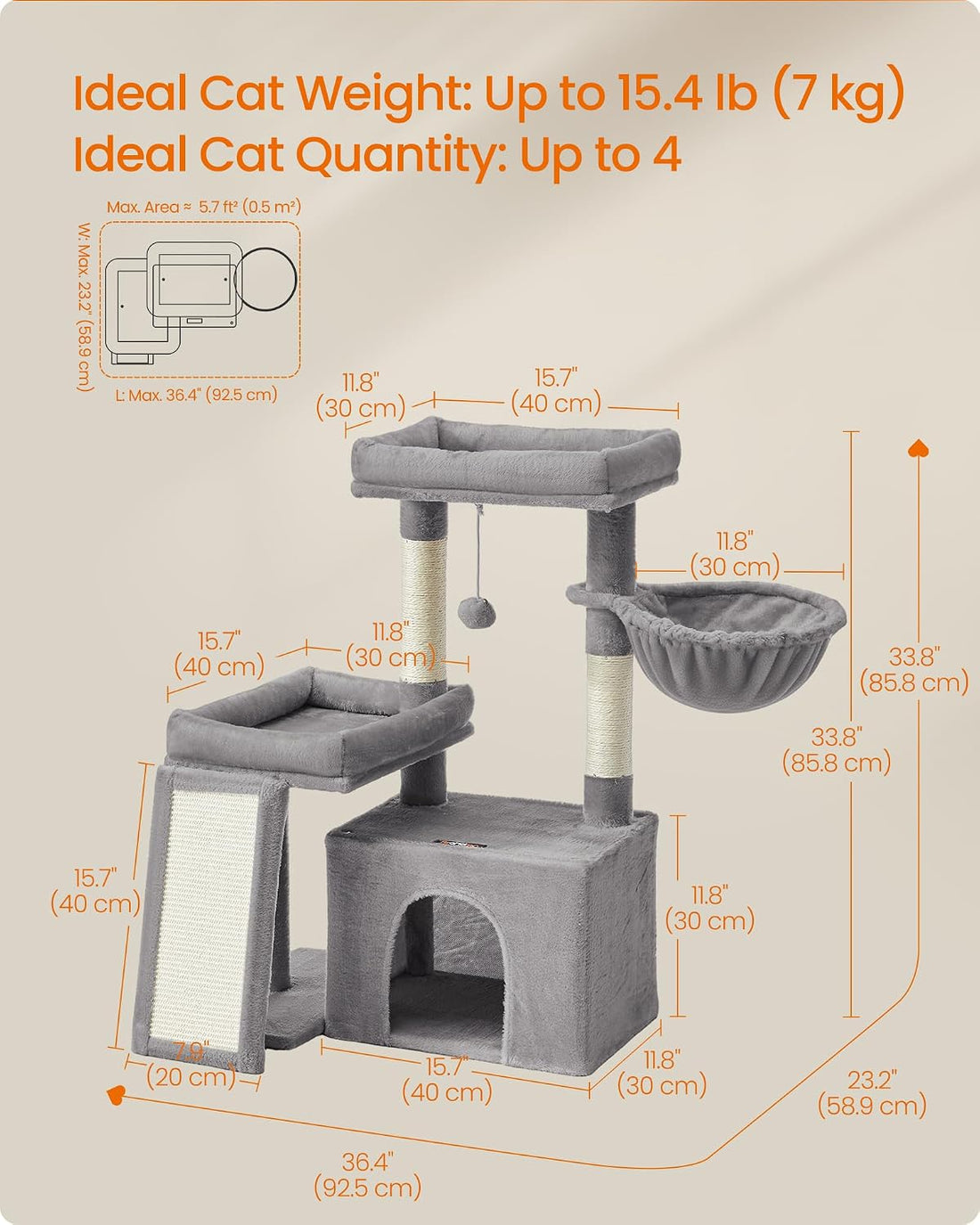 Feandrea Cat Tree, 33.8" Cat Tower, Scratching Posts and Ramp
