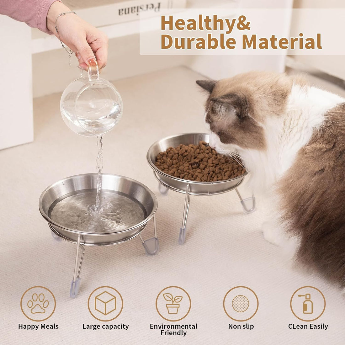 Extra Wide Raised Stainless Steel Cat Food Bowls with Stand