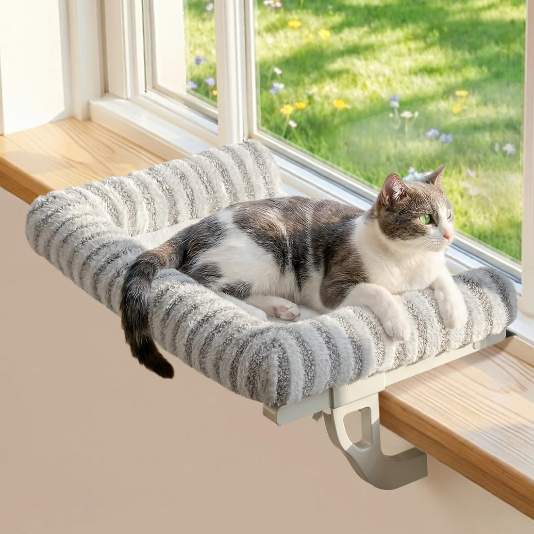 Zakkart Mellow 3-Sided Cat Perch for Windowsill, Dual-Mount (Beige, L)