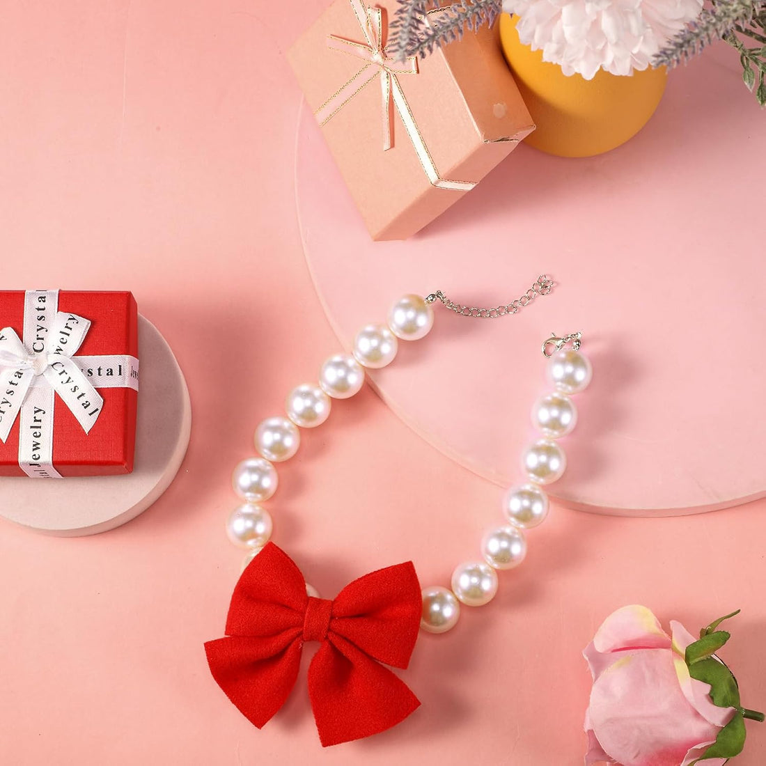 LEIFIDE Christmas Chunky Pearl Dog Necklace with Red Bow