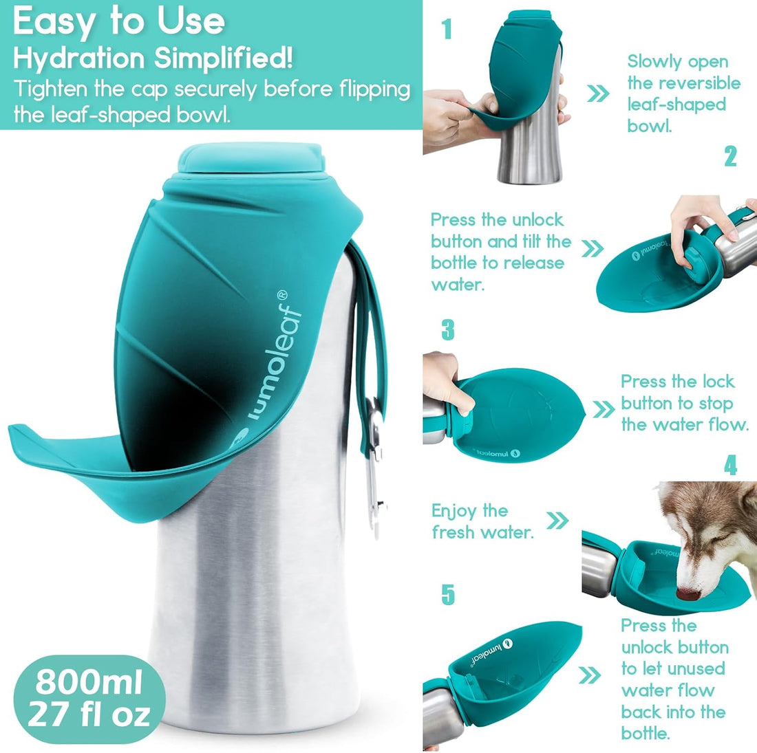 LumoLeaf Portable Dog Water Bottle 27 OZ