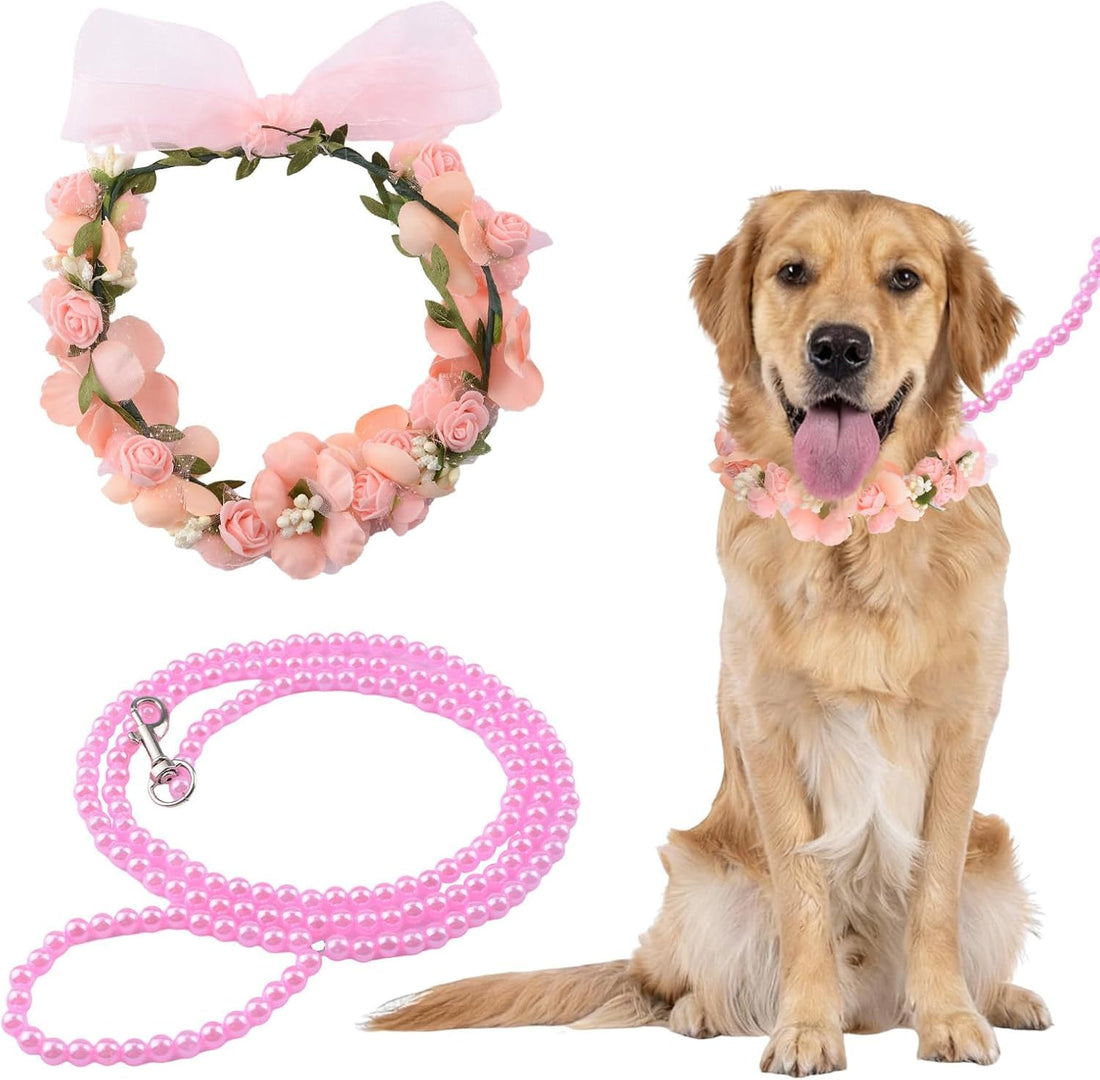 Dog Wedding Flower Collar with Pearl Leash,2 PCS Purple Rose