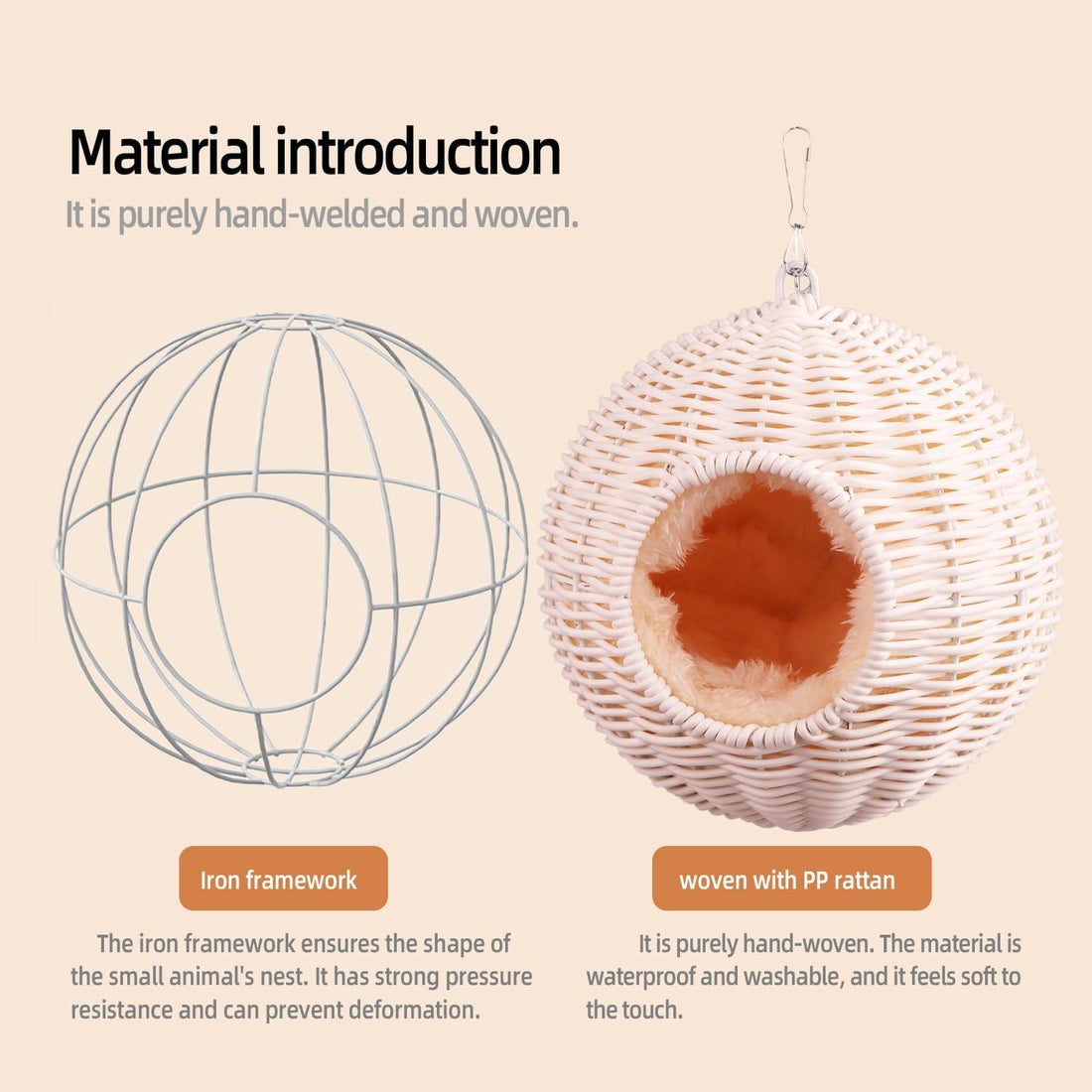 Small Animal Hammock, PP Rattan Hiding Place with Removable Cotton