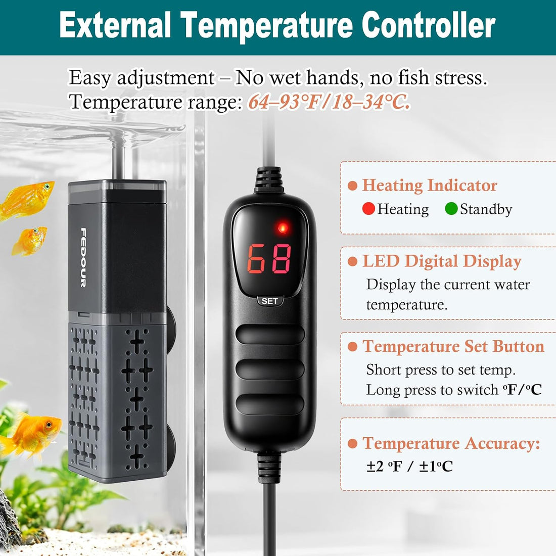FEDOUR 25W/50W/100W/300W/500W Aquarium Heater for 1-130 Gallon Tanks
