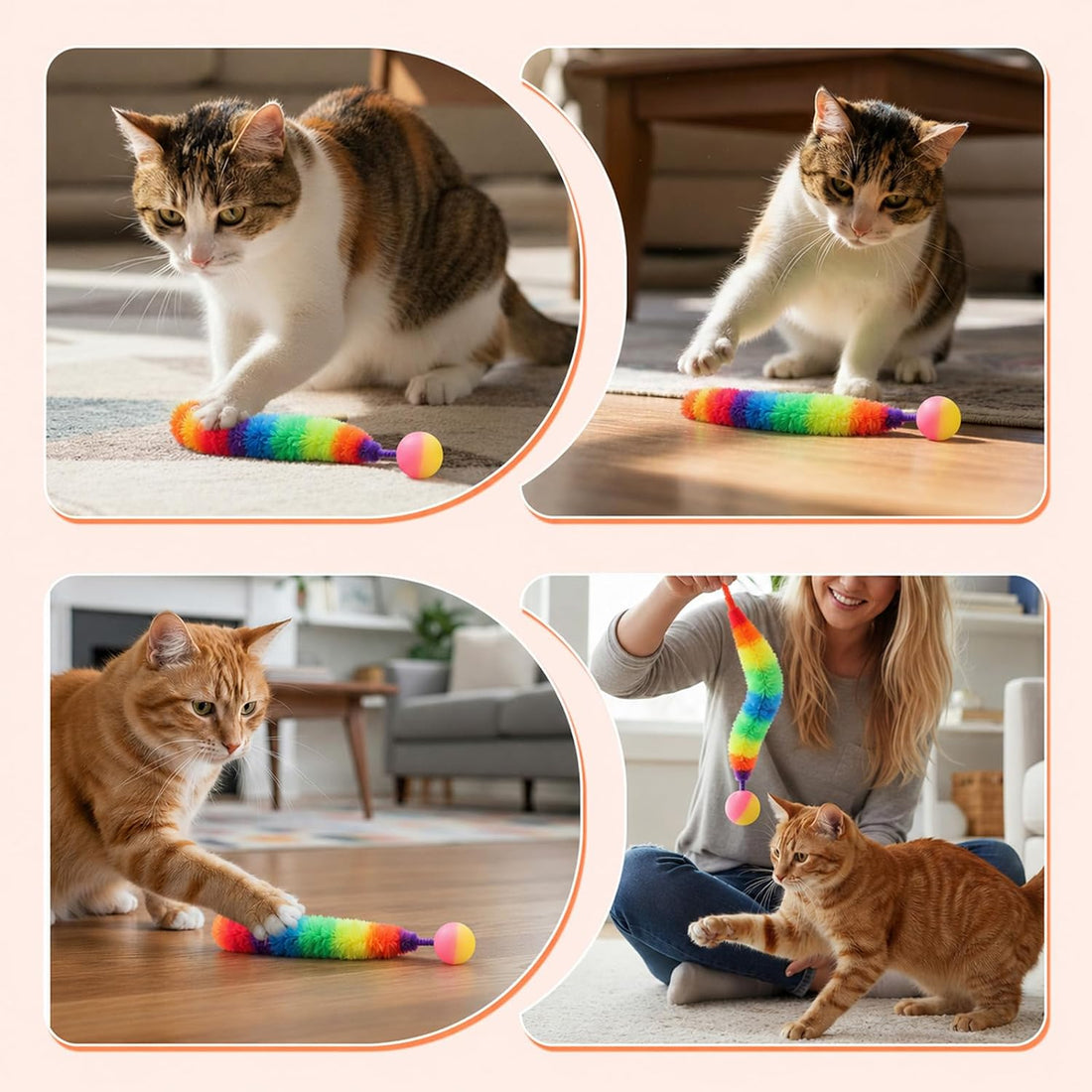 7 Pack Cat Worm Toys Rainbow Worm with Ball for Cats