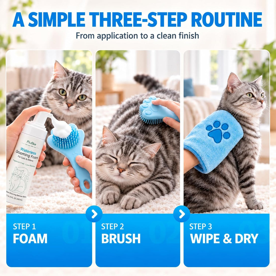 Waterless Cat Dry Shampoo Foam for Cats & Kittens, 6.76 fl oz