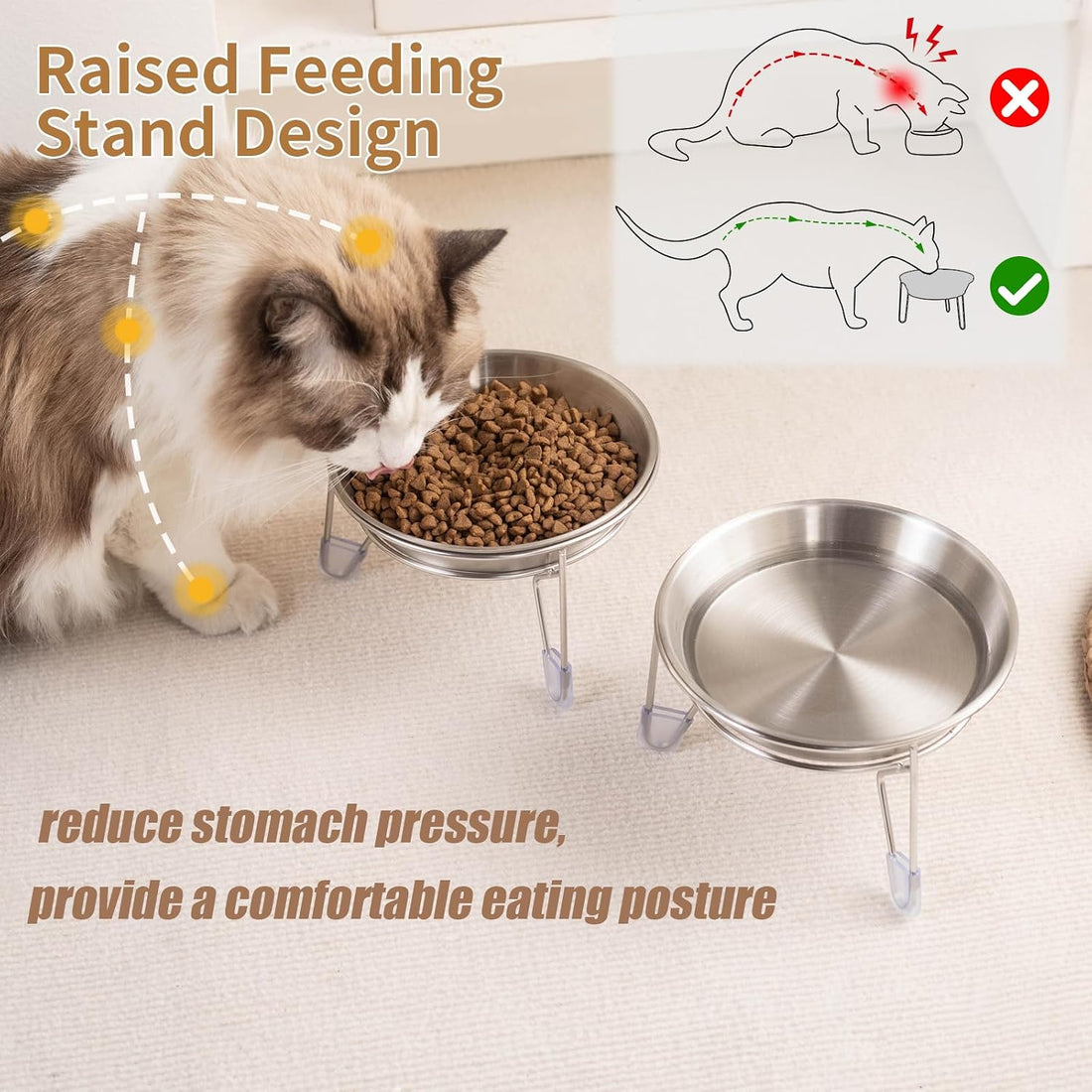 Extra Wide Raised Stainless Steel Cat Food Bowls with Stand