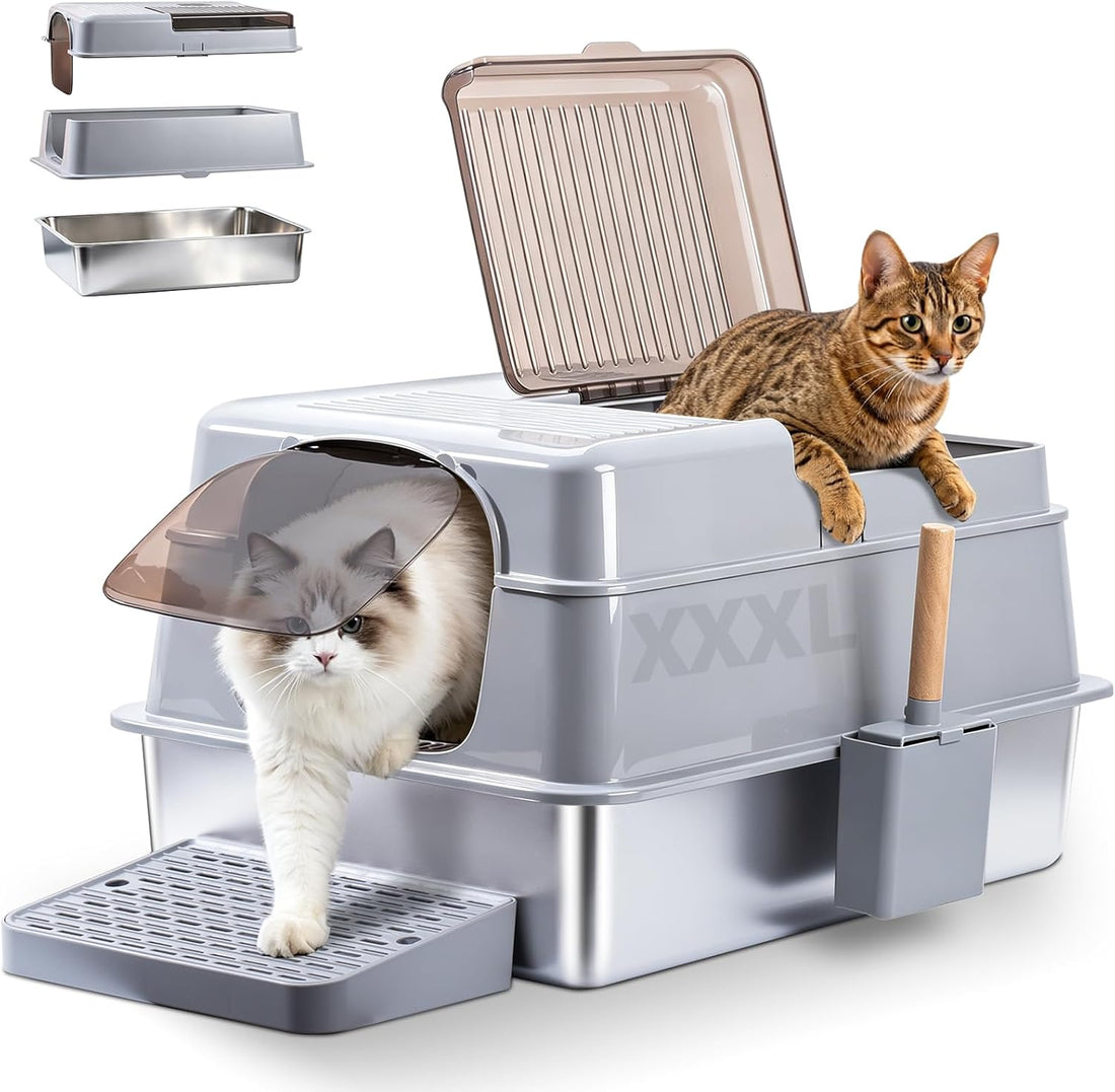 XL Stainless Steel Litter Box with Lid, Extra Large Cat Litter Box