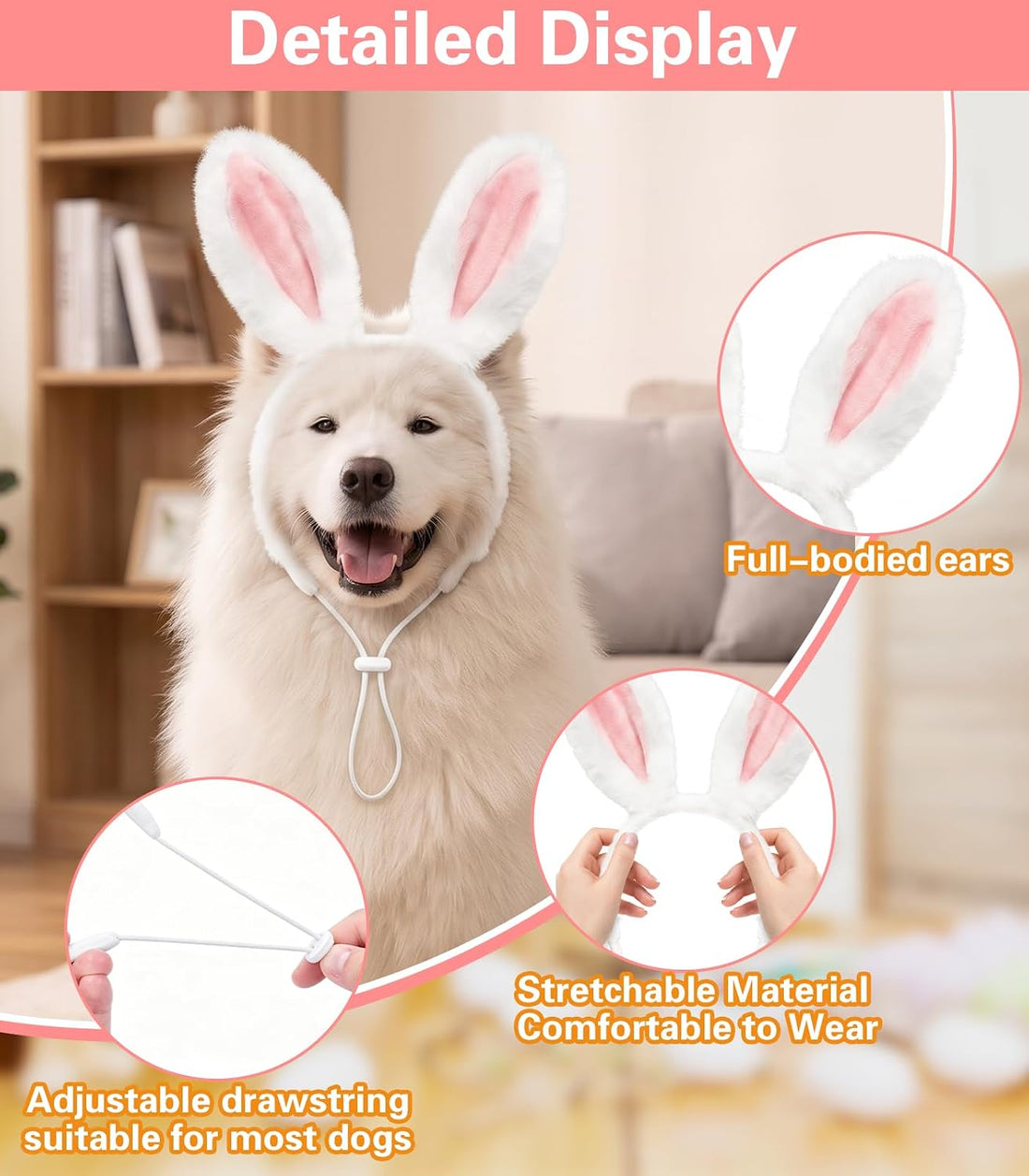 SIOTMERA Adjustable Dog Bunny Ears Headband, Fuzzy Pet Bunny Costume