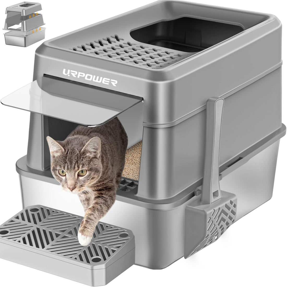 URPOWER Stainless Steel Cat Litter Box with Lid Extra Large Enclosed