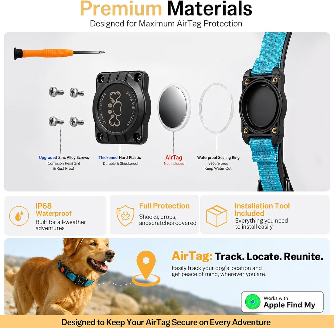 Dog Collar with AirTag Holder IP68 Waterproof Reflective Collar Blue M