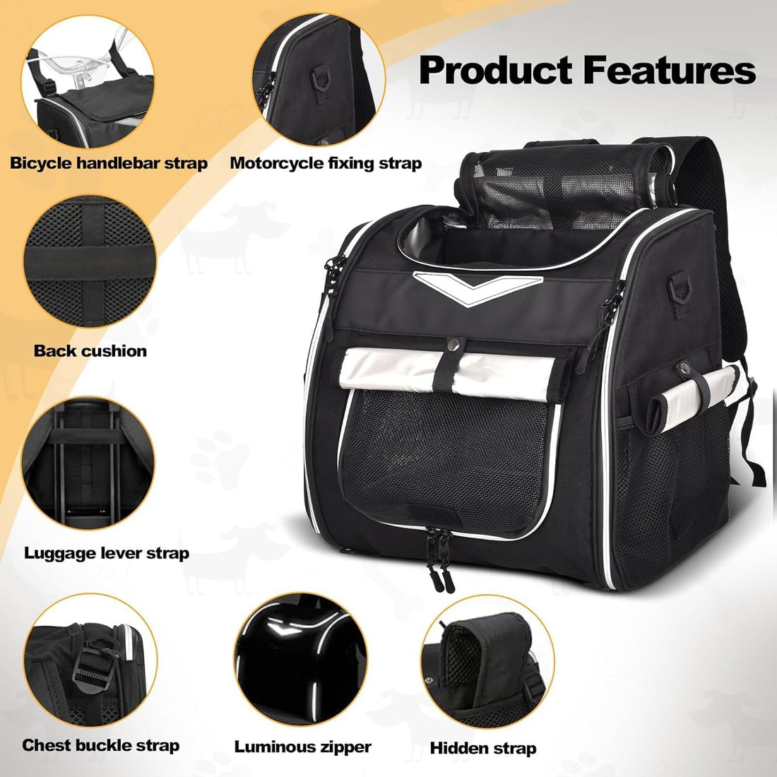 Dog Bike Basket, Foldable Pet Bike Carrier Backpack with Safety Strap