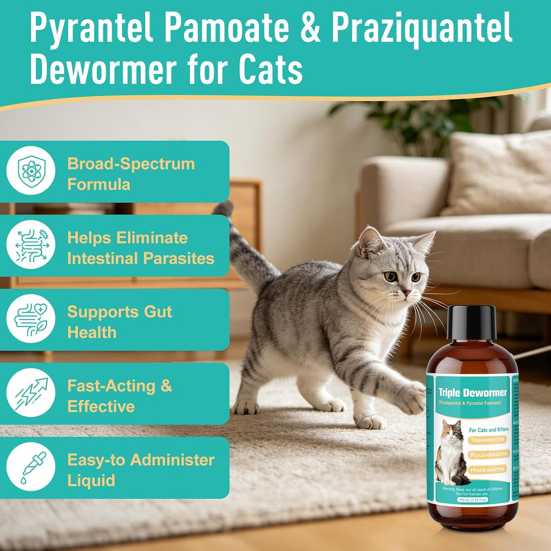Cat Dewormer Liquid, Triple Dewormer for All Worms