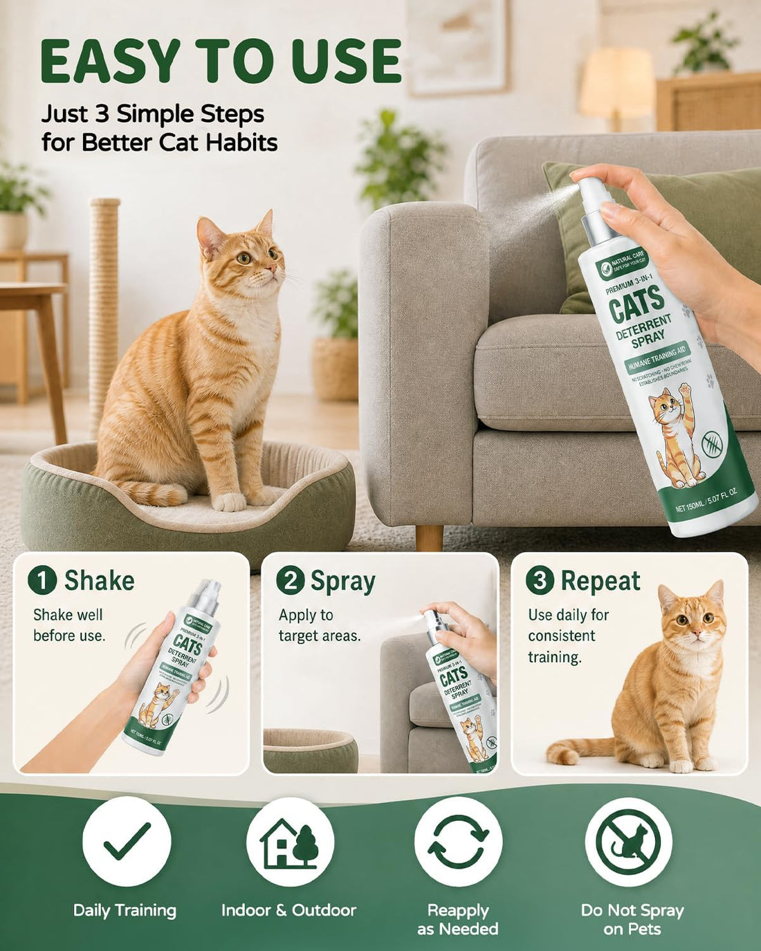 Cat Deterrent Spray for Furniture, Plant-Based Indoor & Outdoor