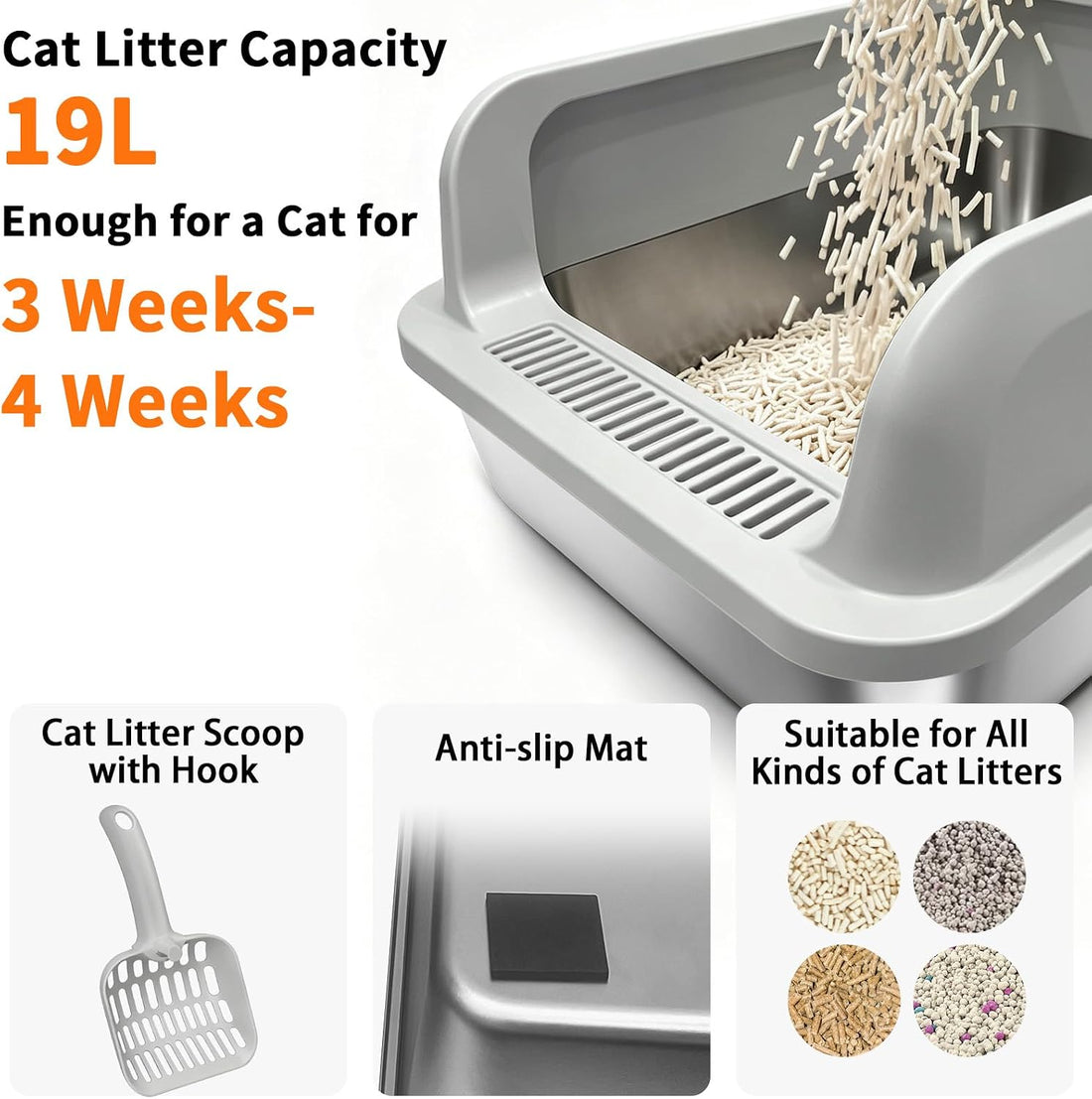Stainless Steel Litter Box, Covered with Lid, 17.3x13.4x7.9in
