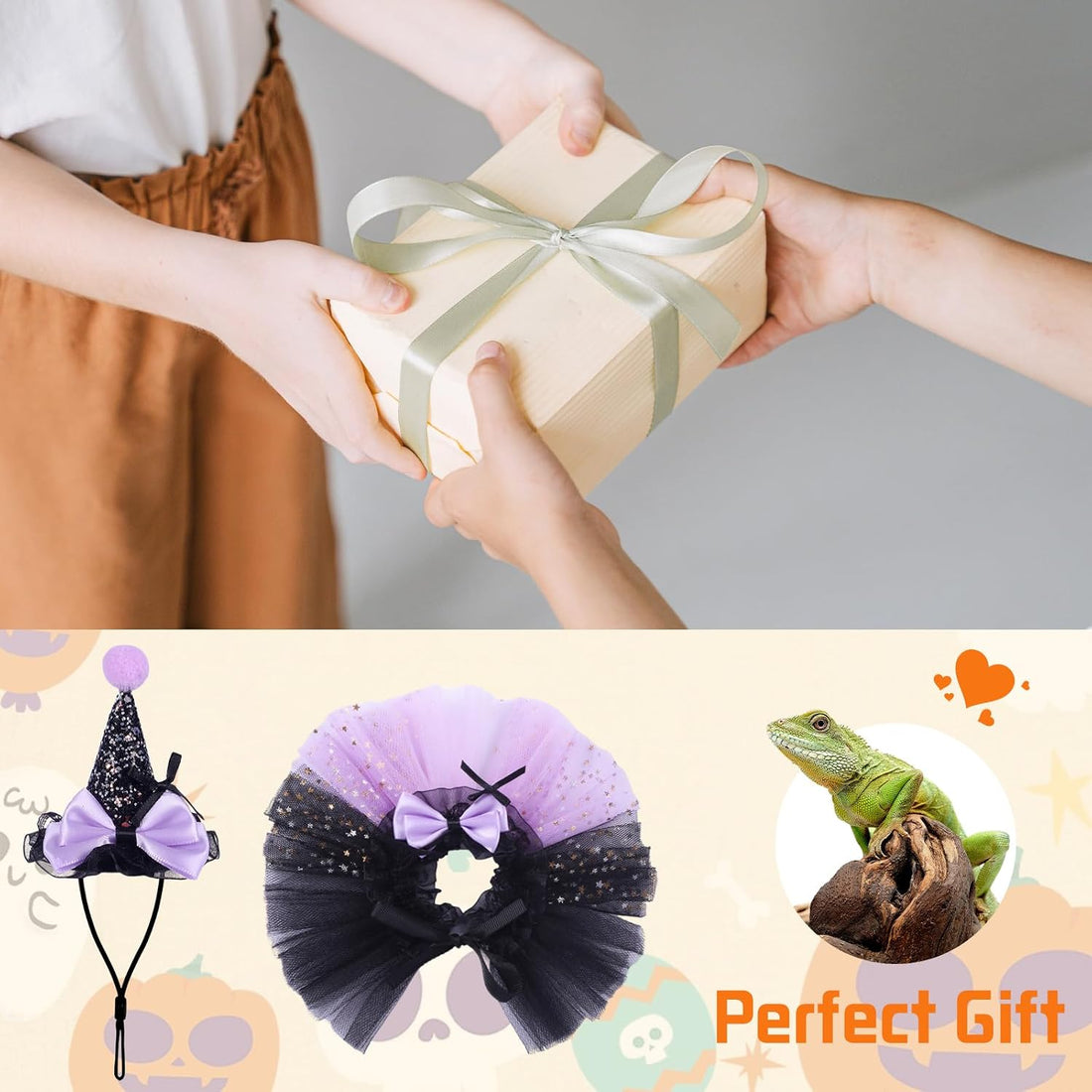 2pcs Bearded Dragon Witch Costume Set Small Pet Adjustable Hat Bow