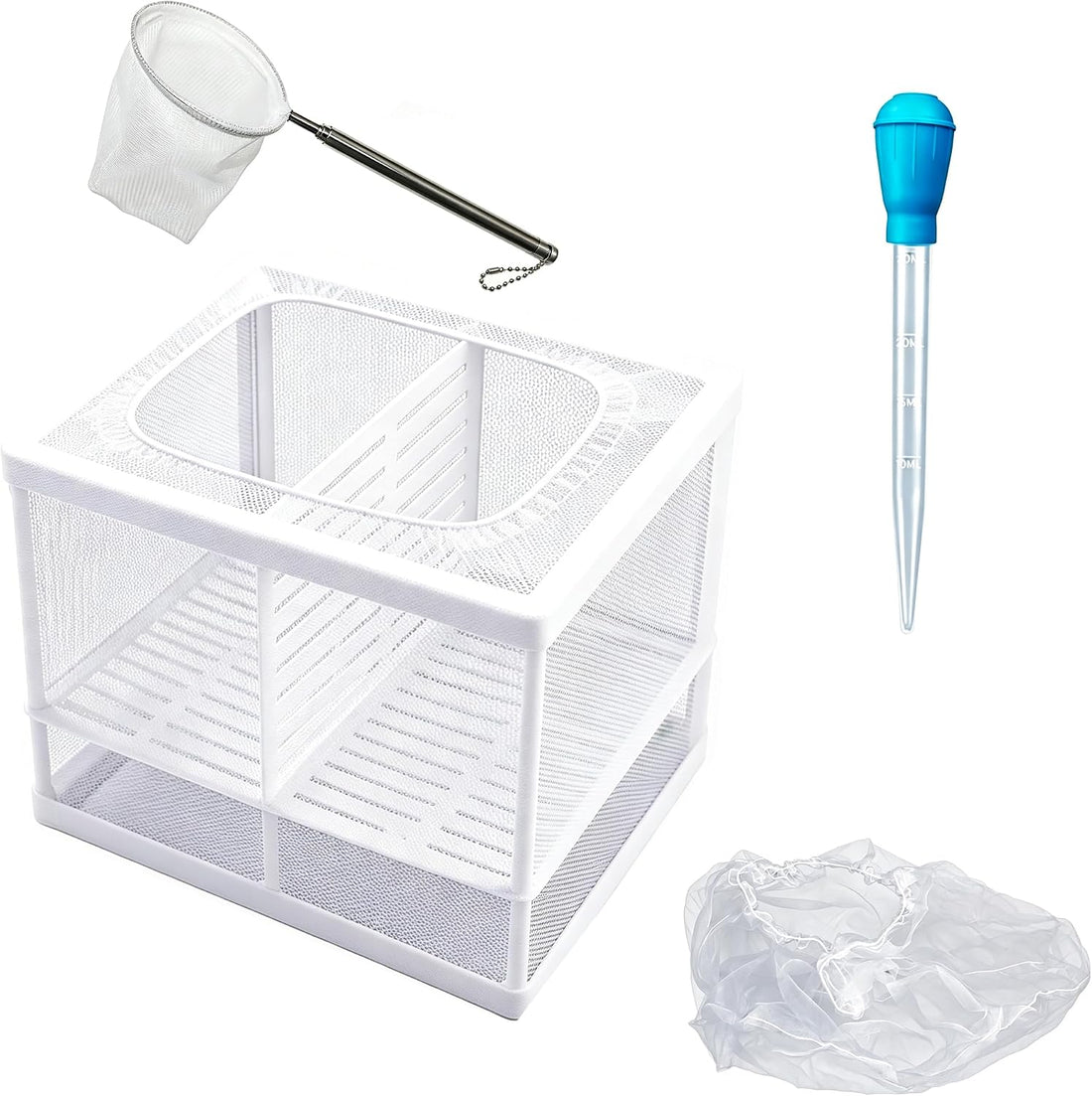 4IN1 Small Fish Breeder Box w/Mesh, Scoop & Siphon Guppy Betta